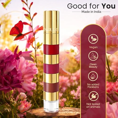 Image of Parul Garg Beauty Royal Bloom 4-in-1 Bold Shades Liquid Lipstick Stack with Gloss | Matte, Transfer-Proof, Lightweight | Travel Friendly Stackable Lipsticks for Women | Made for Indian Skin Tones