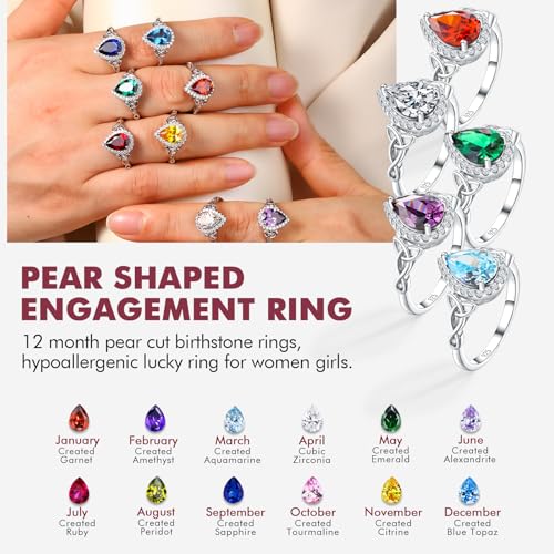 DAYBYDAY Celtic Birthstone Rings for Women 925 Sterling Silver Heart/Round/Pear/Oval Created Gemstone Moissanite Halo Engagement Promise Rings for Her Wife Birthday Anniversary Wedding Jewelry2