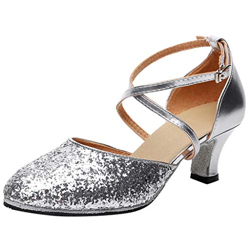 Damen Pumps Standard Latein Tanzschuhe Brautschuhe Mittelhohe Knöchelriemen Weicher Boden Atmungsaktiv Schlüpfen, Basic Absatzschuhe Frühling Elegante Schuhe (Silber, EU39)