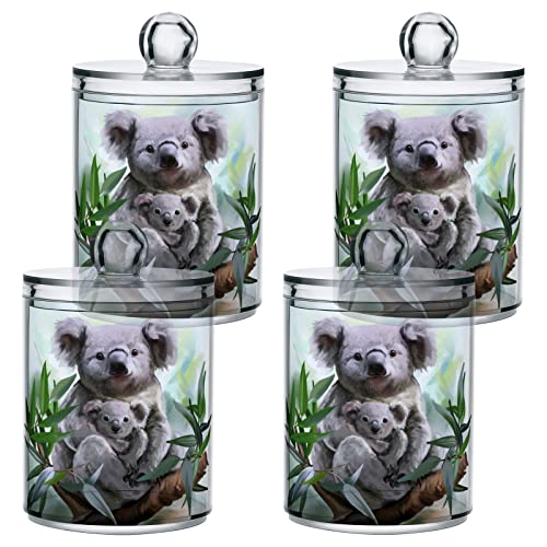 4 Pack Qtip Dispenser Apothecary Jars Bathroom Organizer, Koala and Baby Leaves Qtip Holder Storage Canister Plastic Acrylic Jar for Cotton Ball/Swab/Rounds