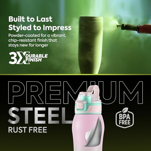 Image of Go24 pexpo Bliss ISI Certified Stainless Steel Fridge /Sports Water Bottle 1 Litre | Flip Top Cap | Single Wall | Leakproof | For Home, Office, Gym, School, Yoga,Hike,Men,Women&Kids - Pink&Green Ombre