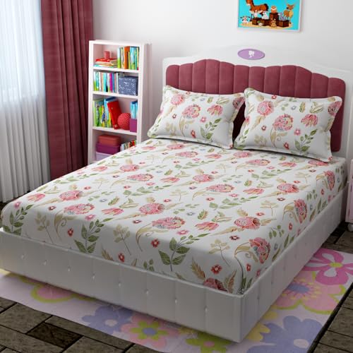 Image of Ezyption Cotton Super Soft 240 TC Elastic Fitted All Around Elastic Printed King Size Double Bed Bedsheet with 2 Pillow Cover 72 inch X 78 inch White Green
