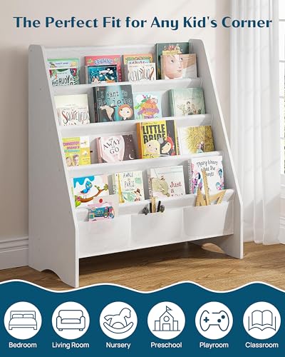 Image of SEIRIONE Sturdy Kids Bookshelf, 4-Tier Book Shelf for Kids Room with Oxford Fabric-Nursery Room Playroom Classroom, Deep Slings to Keep Books Upright, Ideal Height for Toddler Age 3+, Matte White