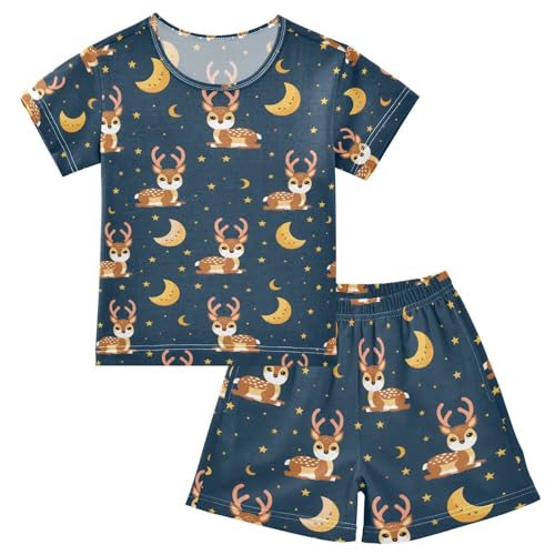 ALAZA Deer Moon Star Blue Pajamas Set Short Sleeve Cotton Sleepwear Summer Pjs 2 Piece 5-14Y