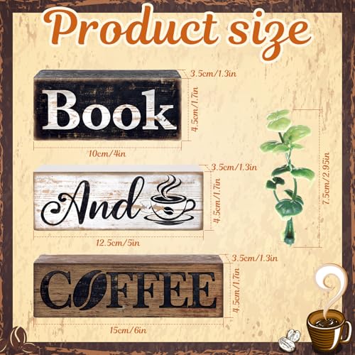 Image of Moucuny 4 Pcs Farmhouse Table Decor Rustic Wooden inchbook and Coffee inch Stacked Block Sign - Vintage Farmhouse Tiered Tray Decor with Coffee Cup & Bean Design, Perfect for Home Office Bookshelf Display