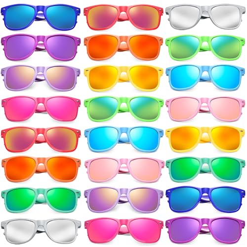 SUNOVELTIES Paquete de 24 lentes de sol de color neón, marco de color clásico, lentes espejados, lentes para hombres/mujeres, a granel, cumpleaños, playa, piscina, recuerdos de fiesta