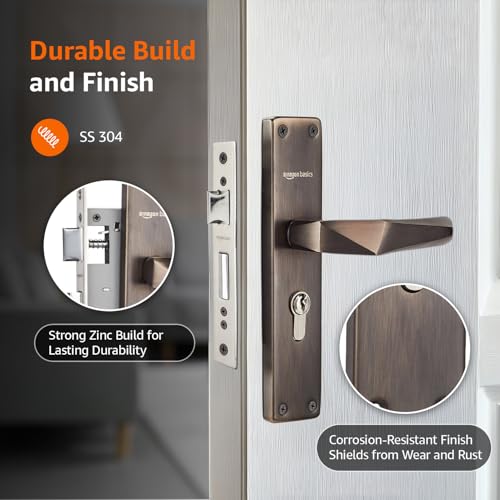 Image of Amazon Basics Heavy-Duty Door Lock Set | Mortise Door Lock Handlesets with 3 Brass Key for Home,Office,Hotel | Brass Body & Cylinder | Matt Black