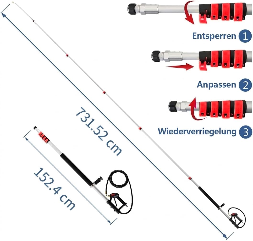 Tubo de extensión telescópico de 24 pies con cabezal de cepillo, 2 tubos de extensión de limpiador de alta presión, accesorio de limpieza de canalones, 7 boquillas de pulverización, cinturón de