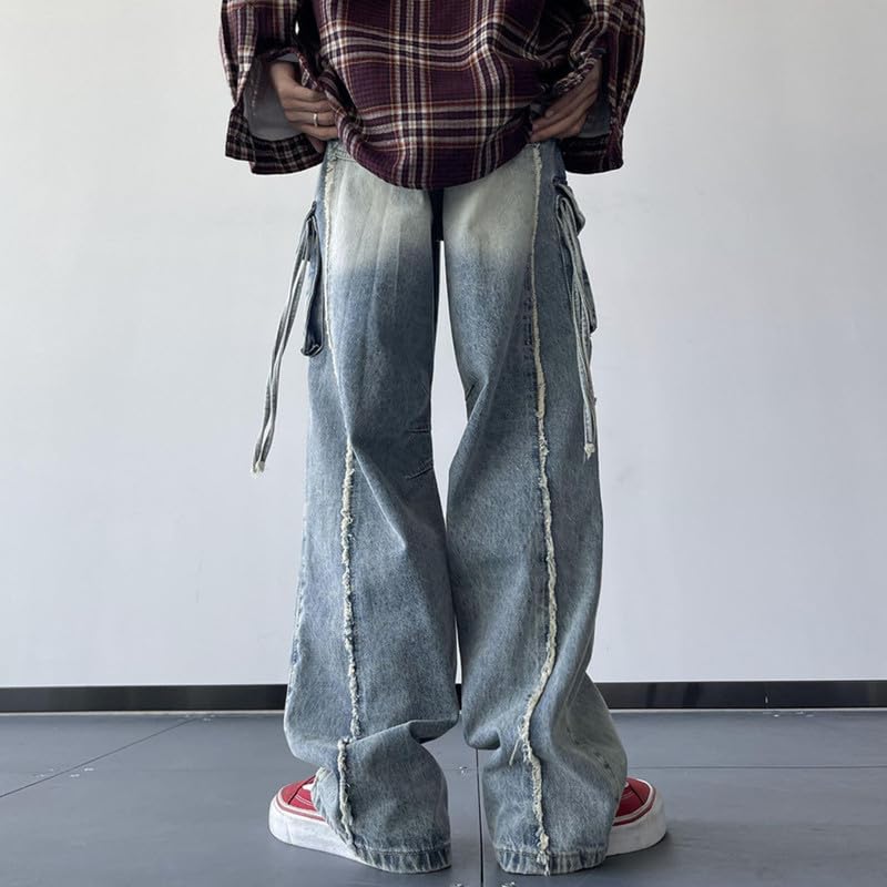 Men's Cargo Baggy Jeans Y2k Ripped Straight Leg Denim Pants Fashion Hip Hop Grunge Clothing Blue4