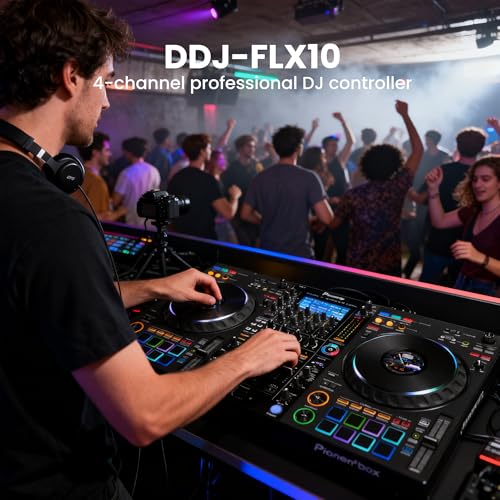 Image of Pioneer DJ DDJ-FLX10 4-Channel Professional DJ Controller - Black Bundle with Carrying Case, HDJ-CUE1 Headphones, XLR Cable, and Austin Bazaar Polishing Cloth
