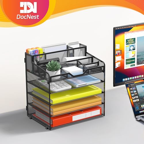 Image of Docnest 5 Tier Mesh Desk Organizer for Paper Office Supplies - Multi-Functional Letter Tray with 5 Adjustable Compartments, 3 Pen Holders, Desktop Storage for Files, Mail, Stationery - Black