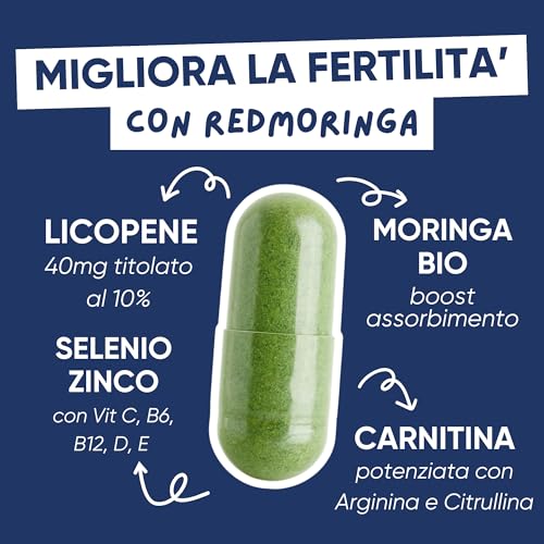 Integratore Fertilità Uomo - Moringa, Licopene Alta Concentrazione, Citrullina, Arginina, l Carnitina, Zinco, Selenio, Coenz Q10 - Supporta Motilità e Vitalità Spermatozoi - 60 Capsule RedMoringa - 6