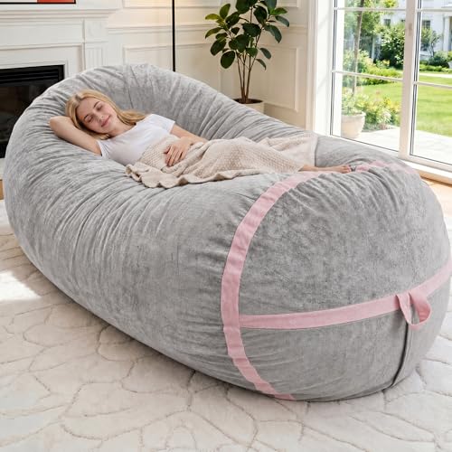 Image of 6FT Bean Bag Chair 6'Giant Bean Bag Chairs with Adults, Large Beanbag Chair | Bean bag Lounger with Washable Cover Luxurious Velvet Fabric, Comfy Chairs for Living Room, Bedroom Dorm, Lightgrey with Pink