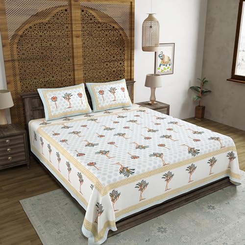 Image of BLOCKS OF INDIA Hand Block Printed 200 TC Cotton Super King Size Bedsheet(106 x 106) (Grey Orange Tree)