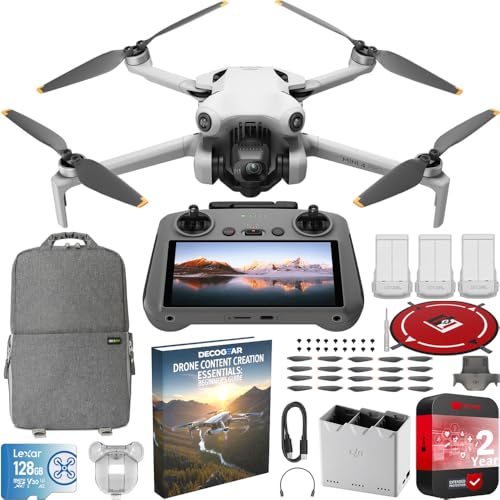DJI Mini 4 Pro Folding Drone with RC 2 Remote (Screen) Fly More Combo, 4K Video Camera, Under 249g, 3 Battery Bundle with Deco Gear Backpack + Content Creation Beginner's Guide & Accessories