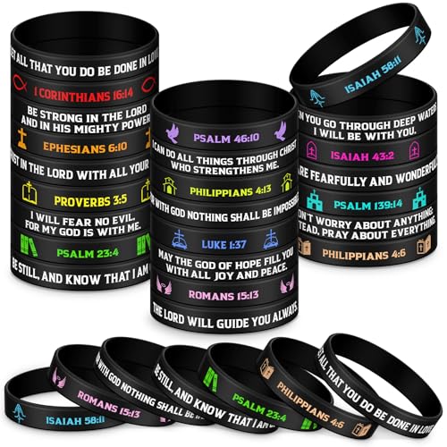 Ecation 24 Pcs Bible Verses Bracelets Bulk Scripture Silicone Wristbands Inspirational Motivational Quote Rubber Wristbands Christian Bracelets for Women Men Easter Party Favors (Black)