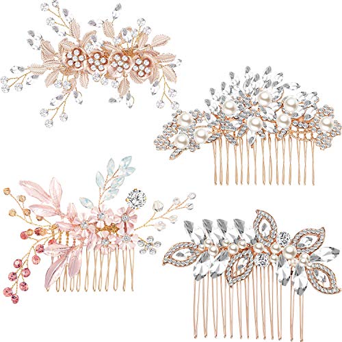 WILLBOND 4 Pieces Wedding Comb Clip Bridal Hair Comb Rose Gold Hair Clip Rhinestone Pearls Barrette Combs Set for Women Bridal Wedding Accessories