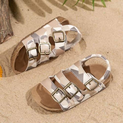 Kids Cork Footbed Sandals, Camo Print Design, Adjustable Buckle Straps, Beige and Gray4