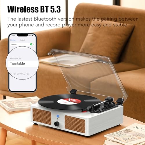 Image of Vinyl Record Player with Built-in Speakers and USB,Belt-Driven Bluetooth Turntable with 3 Speed AUX Input Headphone Jack and RCA Output Vintage Wooden White