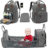 Diaper Bag Backpack with Changing Station, Portable Foldable Diaper Bag Baby Bassinet Bed, 3 in1 Travel Baby Diaper Bag with USB Charging Port, Large Capacity Waterproof Multifunction Nappy Bag, Grey