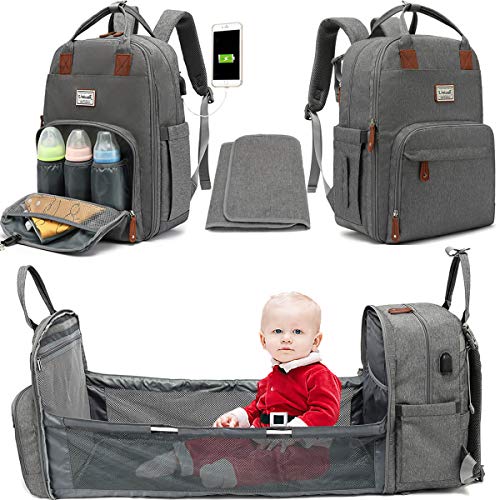Diaper Bag Backpack with Changing Station, Portable Foldable Diaper Bag Baby Bassinet Bed, 3 in1 Travel Baby Diaper Bag with USB Charging Port, Large Capacity Waterproof Multifunction Nappy Bag, Grey