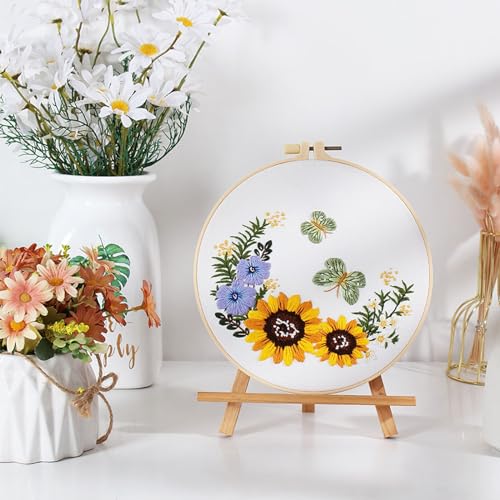 Image of GLTAYLMY 3 Sets Embroidery Starter Kit with Pattern and Instructions, Cross Stitch Set, Stamped Embroidery Kits with 3 Embroidery Clothes with Pattern, 1 Embroidery Hoop(Sunflower)