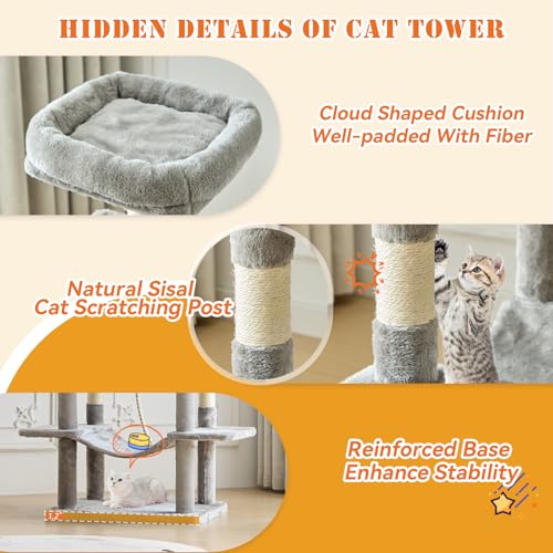 Image of Sweetcrispy 66 Inch Cat Tree Tower, Multi Level Cat Climbing Tower with Natural Sisal Scratching Posts, Hammock, Pet Condo for Indoor Cats and Kittens Play, Grey