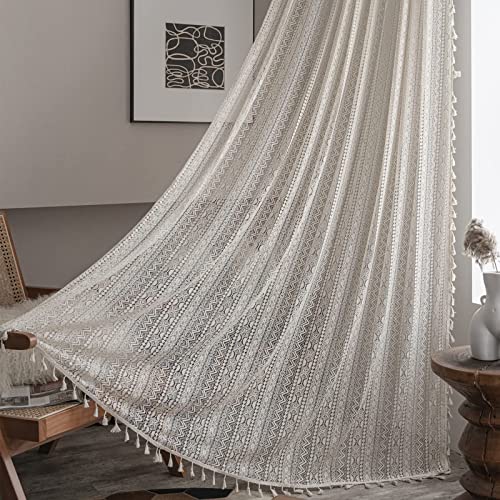 Sutuo Home Cortina bohemia de ganchillo de 96 pulgadas de largo, encaje transparente, borlas hechas a mano, tratamiento de ventana de punto, vintage, rústico, bohemio, cortina de granja para