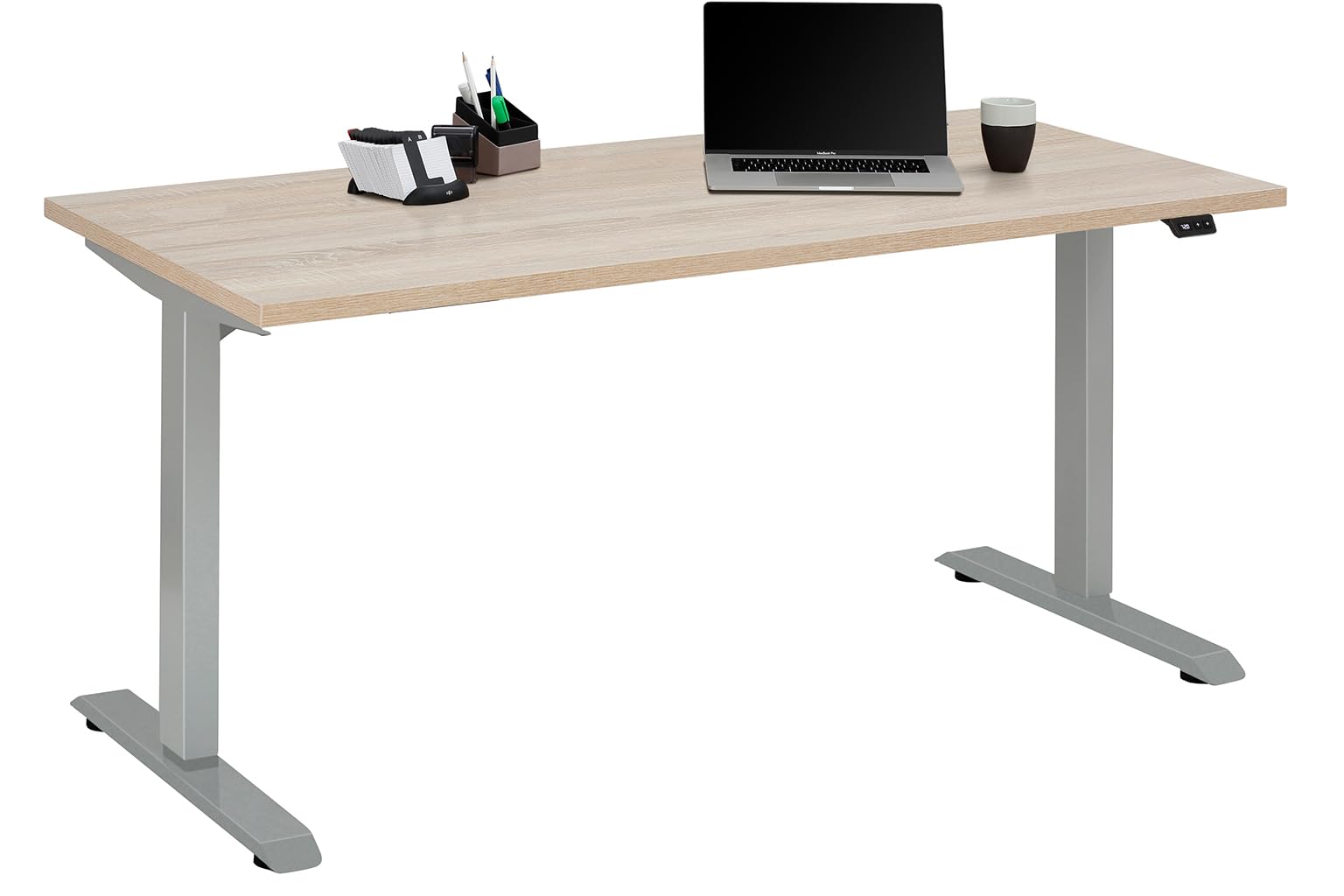 möbelando Schreibtisch >e-Desk< elektrisch höhenverstellbarer Schreibtisch in Eiche/alu, Ergonomisch für gesundes Arbeiten, Stufenlos mit LED-Anzeige, Stoß- und Kratzfest, Made in Germany