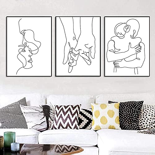 GSHRED Desenho de linha casal mão amor beijo tela cartaz de arte de parede e padrões nórdicos decoração minimalista quarto sem moldura 30 × 40 cm × 3 unidades