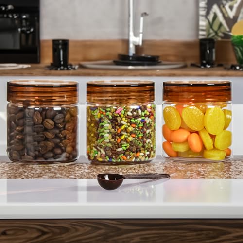Image of PEARLPET Plastic Containers for Kitchen Storage | Plastic Container Set with Spoon | BPA-Free, Stackable Jars | Brown, 200 ML (Set of 3)
