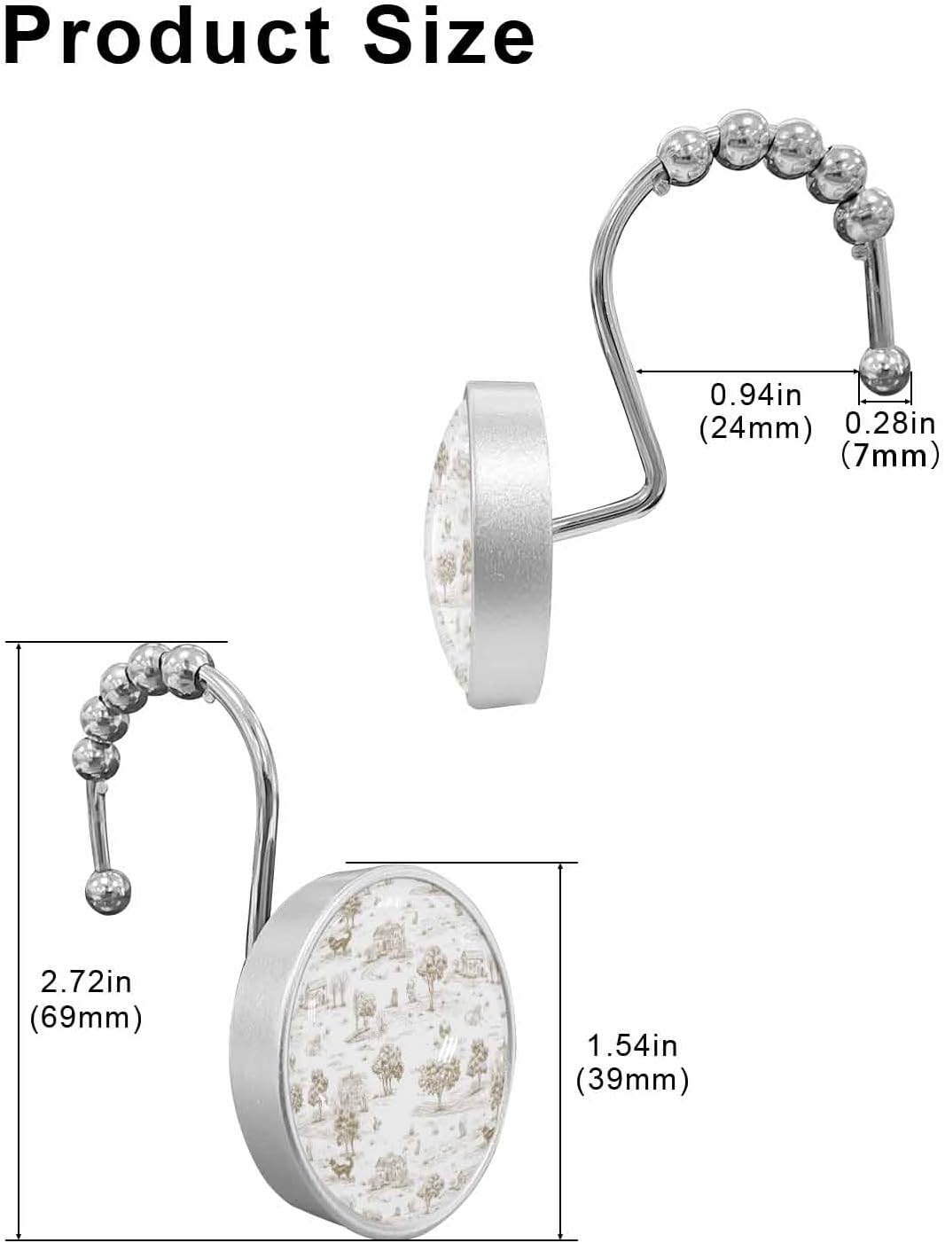 Shower Curtain Hooks 12 Pcs, Country Style Vintage Cottages Animals Tree Retro Illustration Stainless Steel Rust Proof Rolling Shower Curtain Rings, Decorative Shower Curtain Hangers for Bathroom