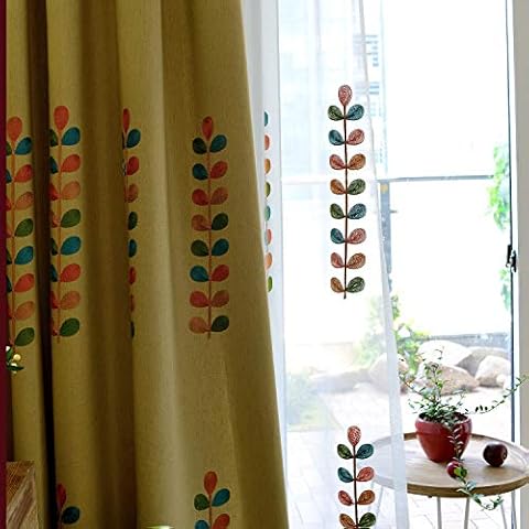 VOGOL Colorful Leaves Embroidered Curtains for Living Room Linen Grommet Window Treatments for Large Windows/Sliding Door, 2 Panels, 60x106 Inch, Grommet Top Cover