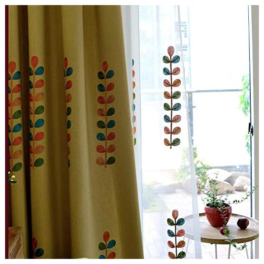 VOGOL Linen Curtains 96 Inches Long, Colorful Leaves Embroidered Grommet Drapes and Curtain Panels for Living Room/Bedroom, W52 X L96, 2 Pieces