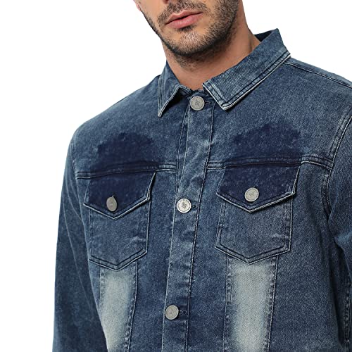 Image of Campus Sutra Men's Medium-Washed Blue Regular Fit Denim Jacket For Winter Wear | Collared Neck | Full Sleeve | Buttoned | Casual Denim Jacket For Man | Western Stylish Denim Jacket For Men