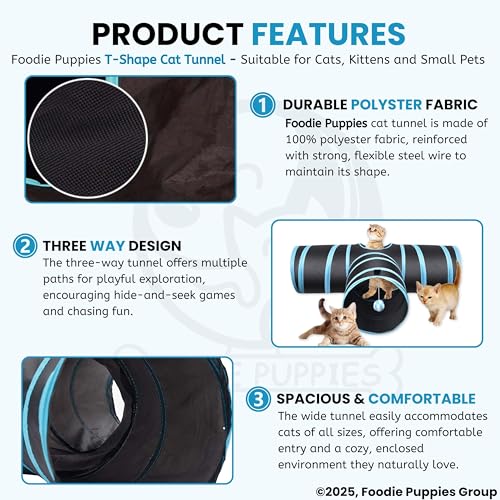 Image of Foodie Puppies Interactive Lightweight Foldable T-Shape Tube Hiding Tunnel with Hanging Ball - Perfect for Small Cats, Kittens, Rabbits and Guinea Pigs (Blue Black)