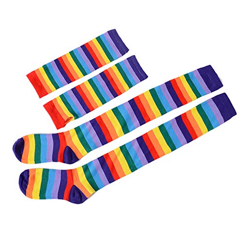 Image of SherryDC Womens Girls Cosplay Rainbow Striped Knee High Socks Leg Arm Warmer Fingerless Gloves Set