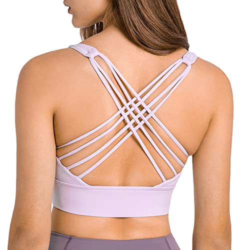 Lemedy Damen-Sport-BH, überkreuzter Rücken, Fitness-BH, Yoga-Träger, lang, bauchfreies Tanktop, hellviolett, Large Cover