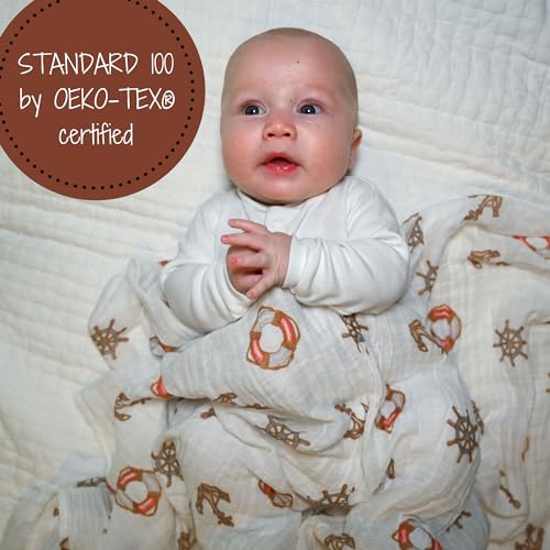 Image of LollyBanks Muslin Swaddle Blanket, 100% Muslin Cotton Gender Neutral Baby Blanket for Girls and Boys, 47 X 47 Inches Baby Receiving Blankets, Baby Essential, Registry (Boat Anchor Print)