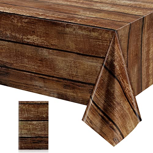 Image of Irenare 1 Pcs Brown Wood Grain Tablecloths Rustic Plastic Table Covers for Rectangle Table, Vintage Farmhouse Tablecloth Decorations for Western Barn Birthday Wedding (54 x 108 Inches)