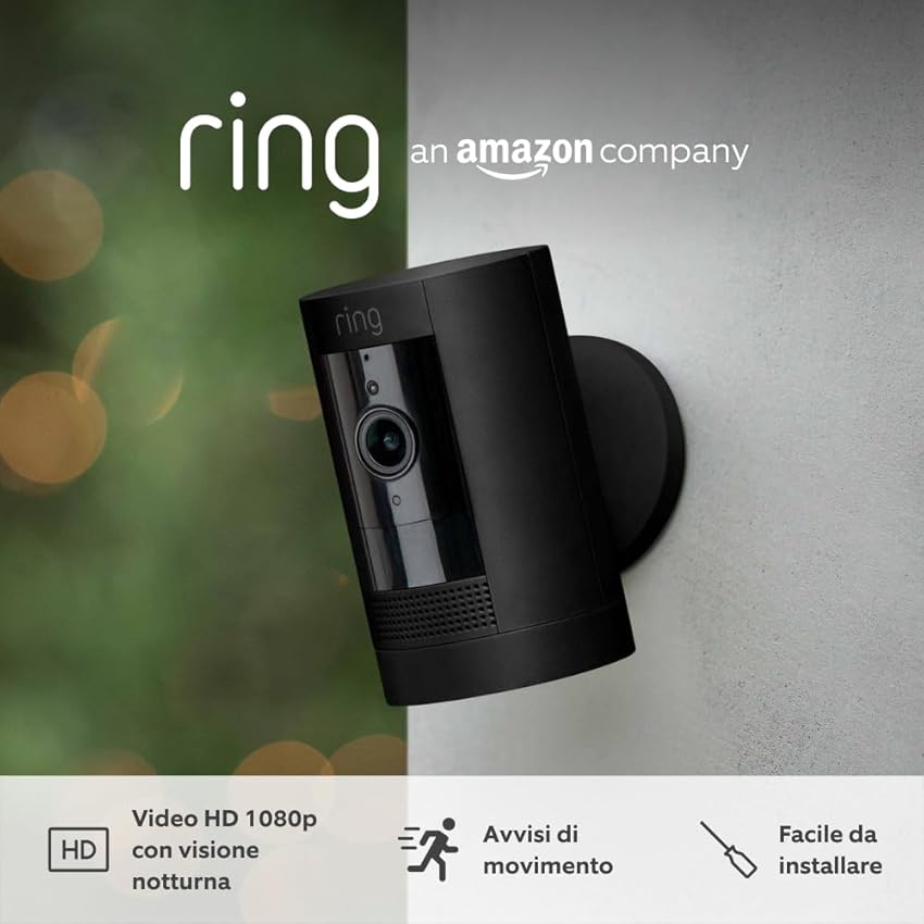 Immagine del prodotto Ring Videocamera esterna a batteria (Stick Up Cam) di Amazon | Telecamera di sicurezza in HD con sistema di comunicazione bidirezionale | Ring Protect: 30 gg. di prova gratuita | 4 videocamere