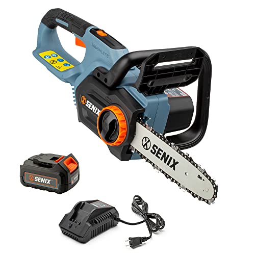 Senix 20 Volt Max* 10-Inch Cordless Brushless Chainsaw, Tool-Free Chain Tensioning, Automatic Chain Oiler, 8 M/S Chain Speed, 5.0 Ah Lithium Ion Battery And 2A Charger Included, Csx2-M, Blue #TOP6