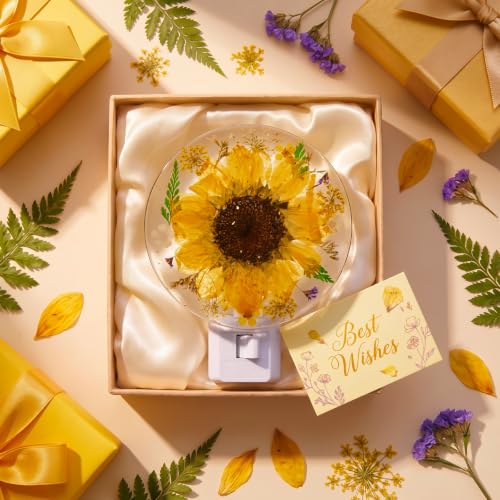 Image of Glooglitter Pressed Flower Night Light Plug in-Handmade Dried Floral Wall Night Light, Glow Decorative Nightlight for Hallway Bedroom Nursery Bathroom, Vintage Botanical (Yellow,Sunflower)