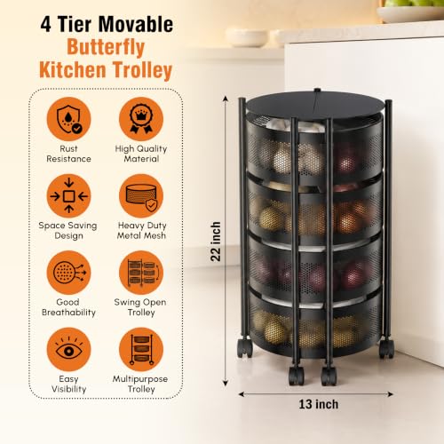 Image of JD FRESH 4 Tier Metal Rotating Kitchen Trolley /360-Degree Rotating Wheels with Expandable Side Opening Design /Movable Butterfly Trolley and Storage Shelf for Kitchen, Livingroom or Bathroom (Black)