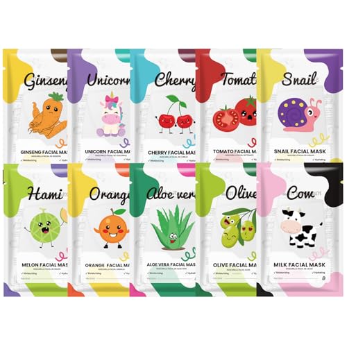 10 Stück Gesichtsmasken Set Gesichtsmaske Kinder & Frauen Beruhigend & Pflegend Tuchmasken Gesicht Feuchtigkeitsmaske Gesicht für Alle Hauttypen Spa & Beauty Set Frauen Teenager Mädchen Geschenke