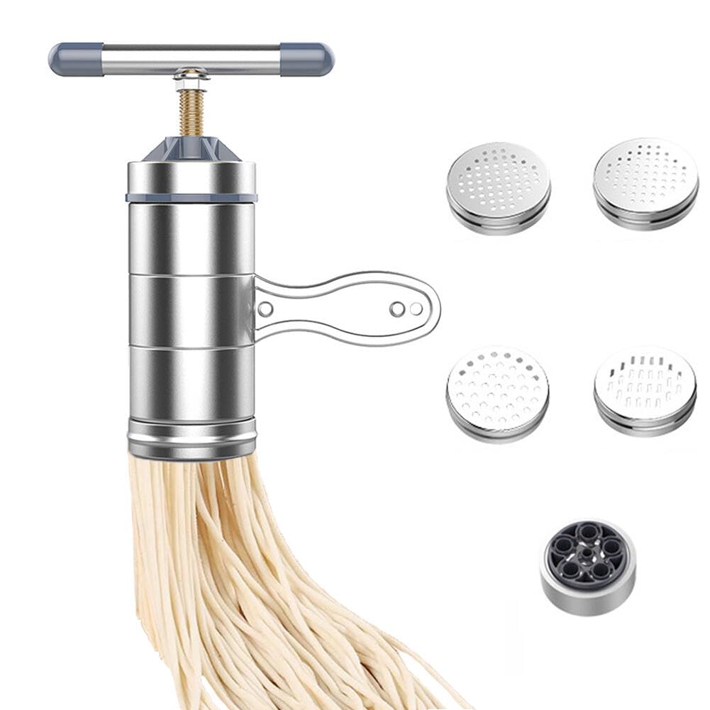 Goodern Noodle Maker Machine Manual Pasta Maker with 5 Noodle Mould,Stainless Steel Noodles Press Machine Portable Pasta Machine Tools,Hand Crank Spaghetti Noodle Making Machine Fruit Juicer Squeezer