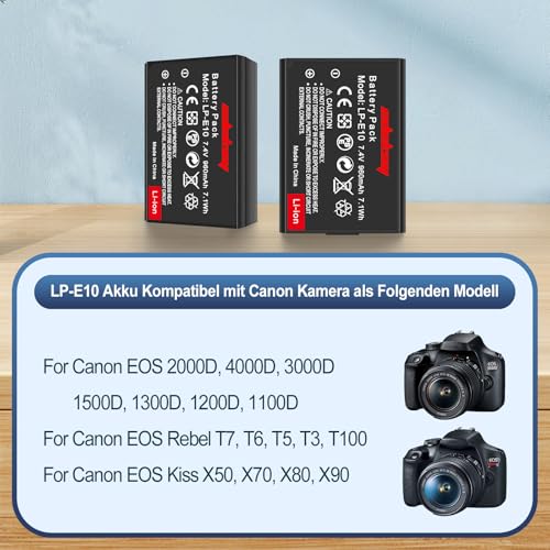Batería LP-E10 para Canon EOS 2000D y 4000D pack de 2 unidades de 960 mAh 2