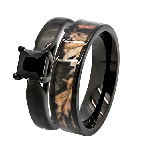 3 Pieces Wedding Engagement Ring Set for Him and Her – Black Spinel Engagement Ring for Her - Camo Black Plated Wedding Bands for Him and Her - Ideal for Daily Wear w/Wooded Inlay3
