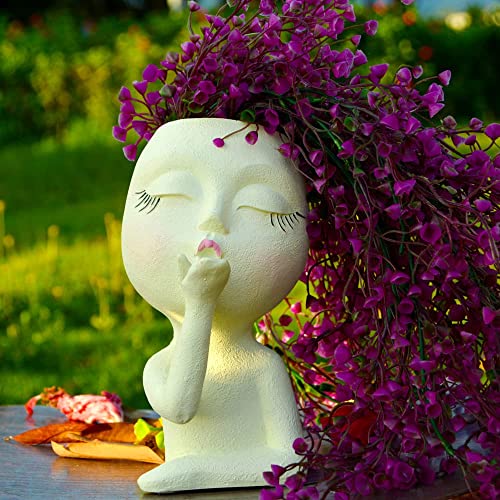 OLINLIFE Macetas de cara únicas, macetas de resina para suculentas, macetas de cabeza para plantas de interior y exterior con agujero de drenaje, cara soplada (ligera)