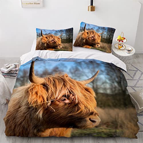 DMJRHD Kühe Bettwäsche 135x200cm 3D Drucken Hochlandrinder, Tier Bettwäsche-Set,2 Kissenbezug 80x80cm,Flauschige Microfaser Bettbezug mit Reißveschluss Für Kinder Erwachsene Geeignet Cover